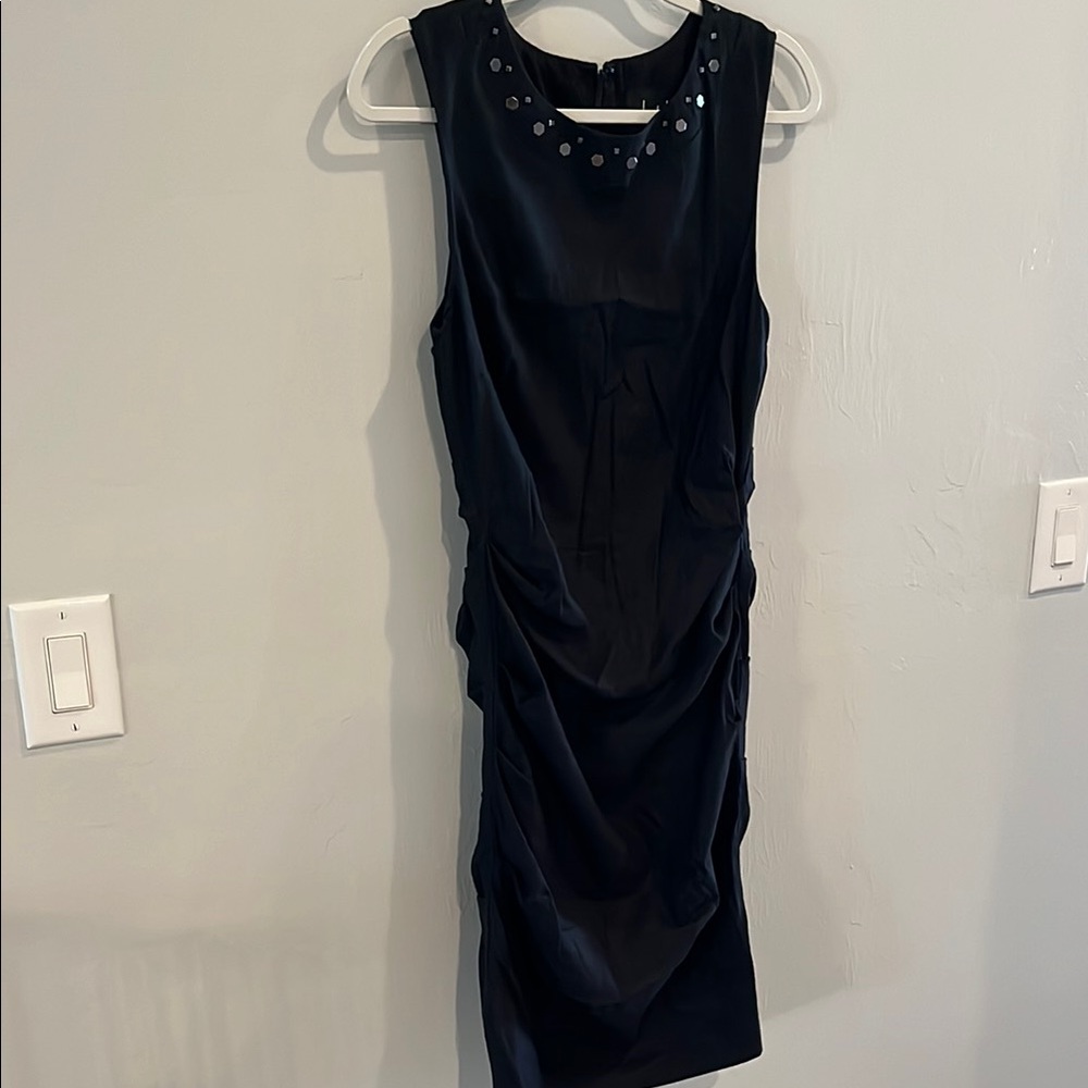NWT Nicole Miller Linen Ruched Black Sheath Dress 10